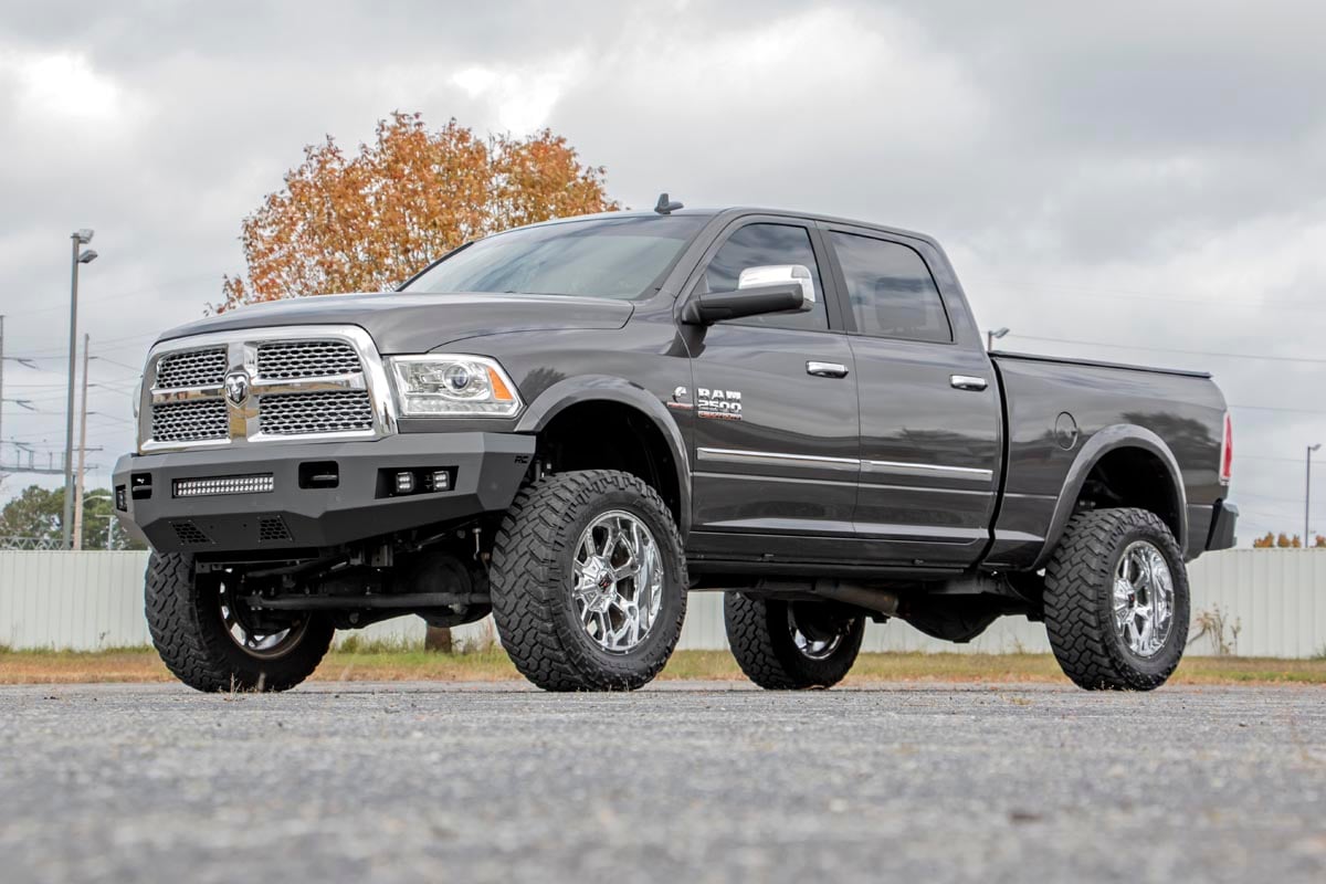 Ram 3500 Front Bumper - Rough Country - LED with 4 LED Cubes and 20in LED Light Bar - Flat Black - '11-'18